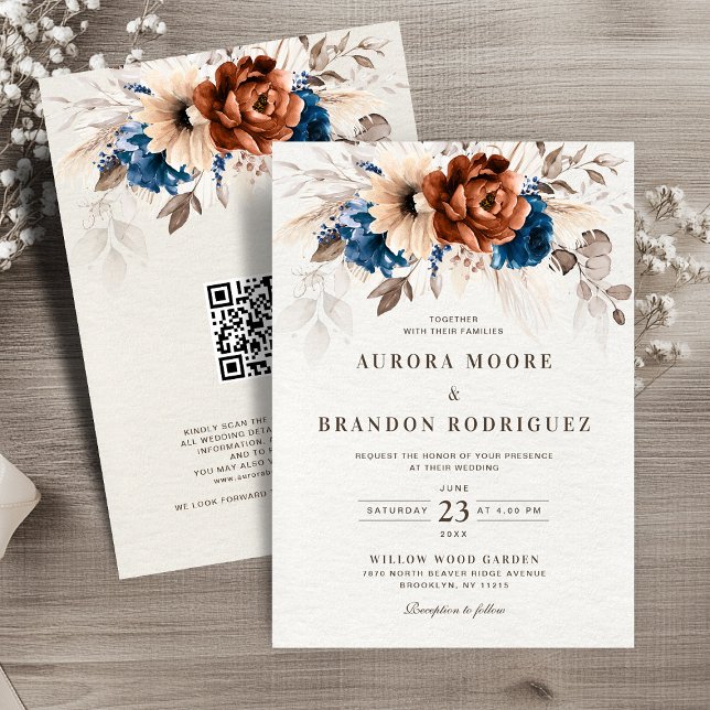 Invitación Boda de código QR de la Marina Terracota Blue Pamp (Terracotta Navy Blue Pampas Grass Botanical QR code Wedding Invitation)
