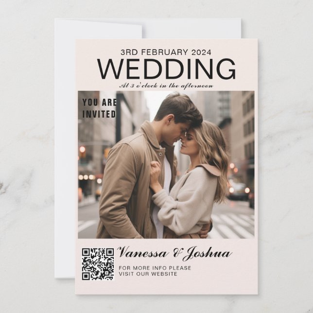 Invitación Boda de código QR de la revista de portada fotográ (Anverso)