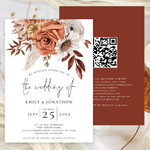 Invitación Boda de código QR de la Rústica Terracota Fall Flo