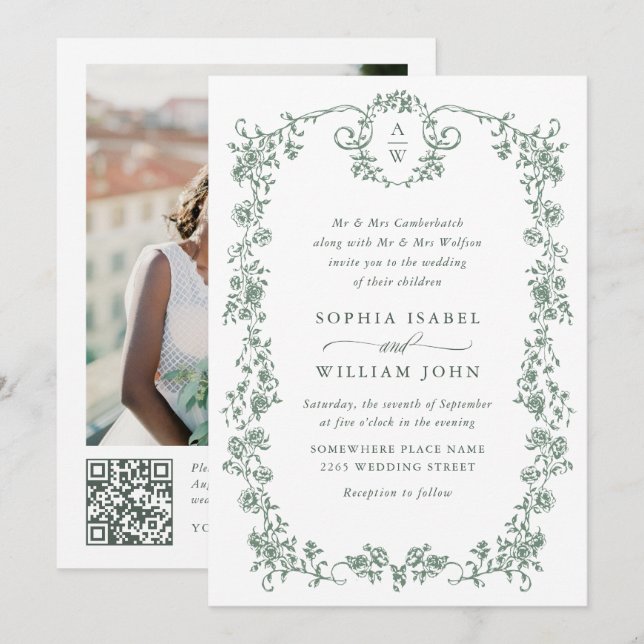 Invitación Boda de código QR de la Victoria Ornate Grace Gree (Anverso / Reverso)