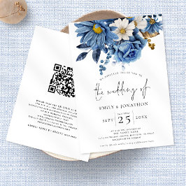 Invitación Boda de código QR de las Florals de oro azul de la