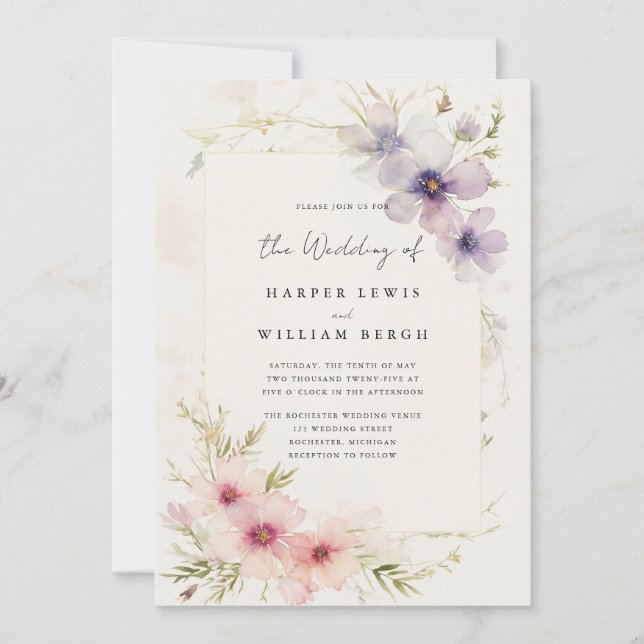 Invitación Boda de código qr de las flores de cosmos de acuar (Anverso)