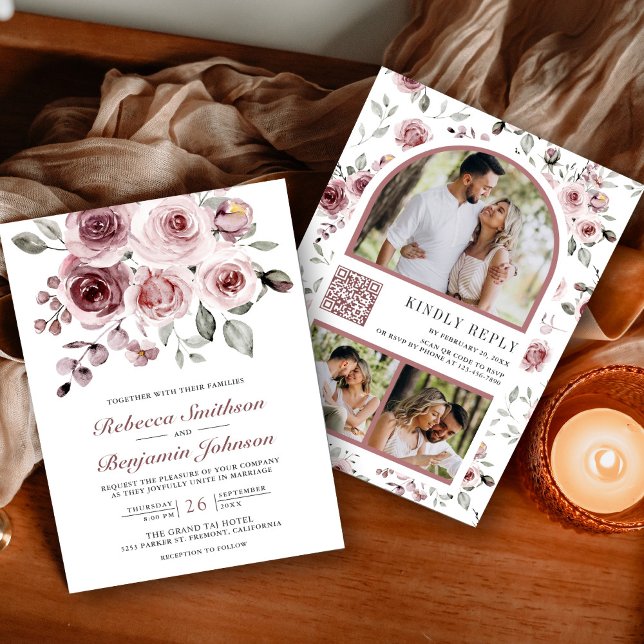 Invitación Boda de código QR de las rosas rosadas polvorienta (Subido por el creador)