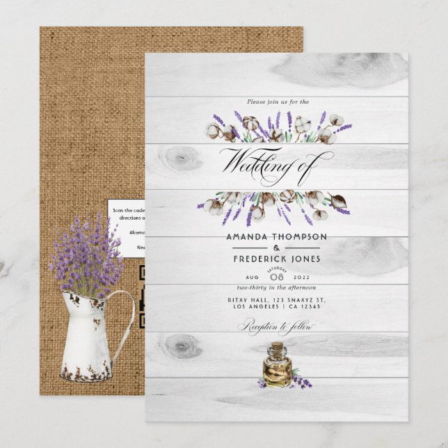 Invitación Boda de código QR de lavanda de algodón rústico ca (Anverso / Reverso)
