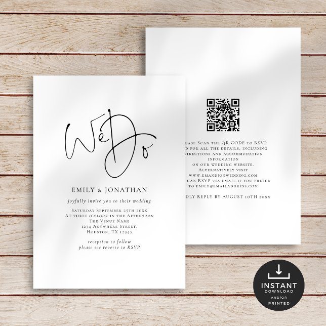 Invitación Boda de código QR de línea de script elegante (Front and back view)