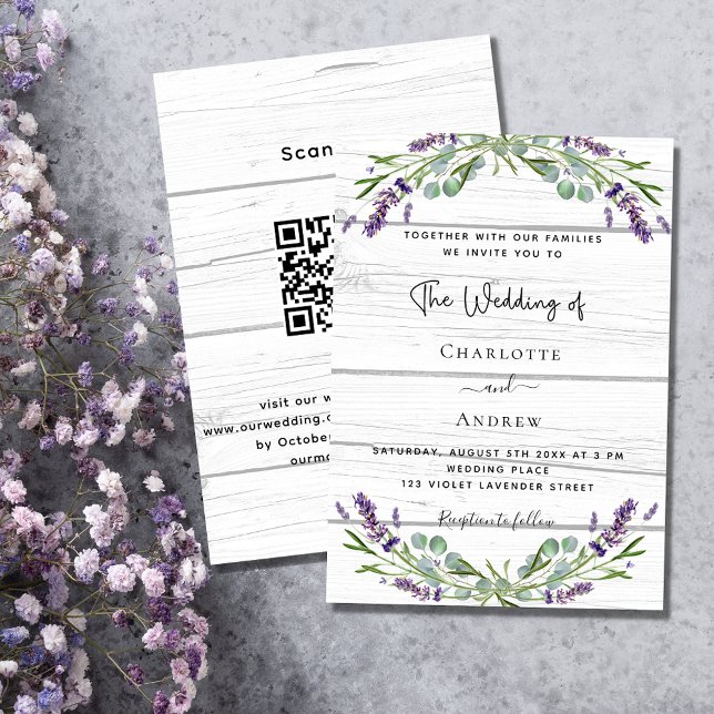 Invitación Boda de código QR de madera blanca de lavanda (Subido por el creador)