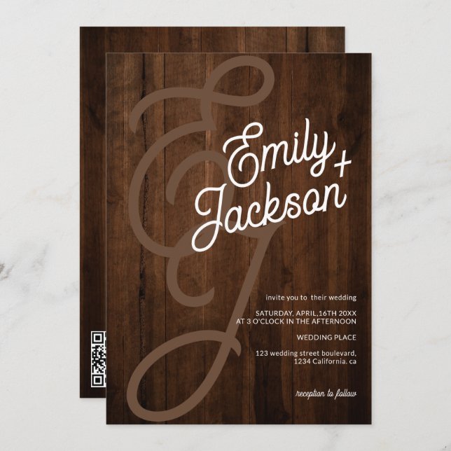 Invitación Boda de código qr de madera rústica con nombres en (Anverso / Reverso)