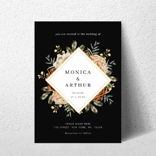 Invitación Boda de código QR de marco dorado y floral negro d