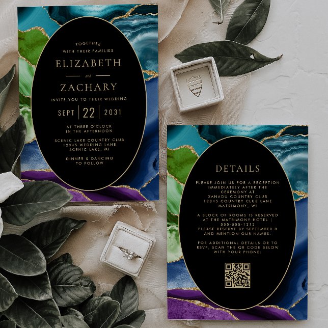 Invitación Boda de código QR de marco ovalado de ágata dorada (Subido por el creador)