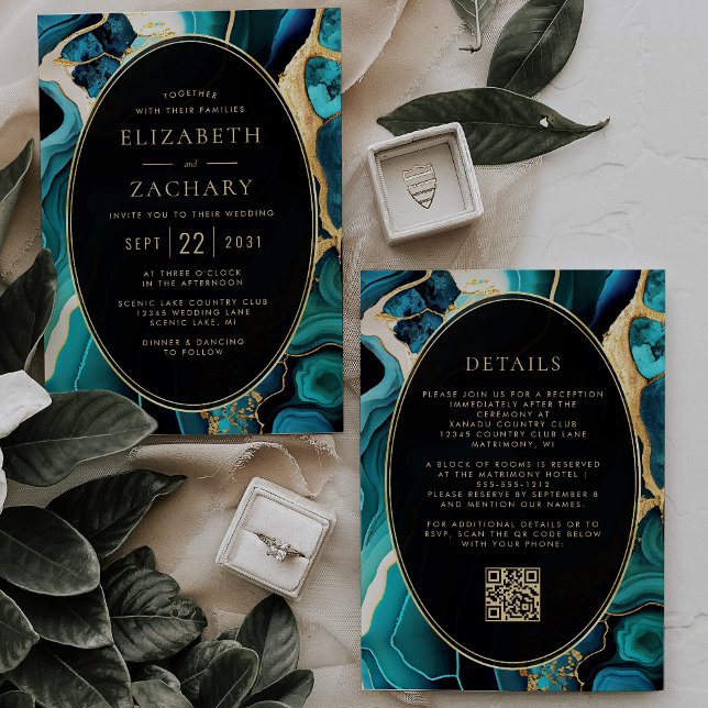 Invitación Boda de código QR de marco ovalado de oro ágata ve (Subido por el creador)