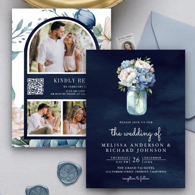 Invitación Boda de código QR de Marina Blue Peony Mason Jar (Subido por el creador)