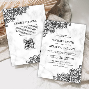 Invitación Boda de código QR de mármol blanco y encaje negro