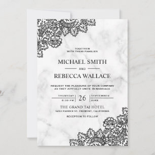 Invitación Boda de código QR de mármol blanco y encaje negro