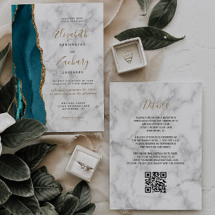 Invitación Boda de código QR de mármol de ágata dorada azul m