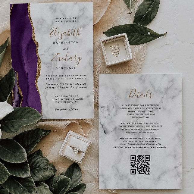 Invitación Boda de código QR de Mármol de oro morado (Subido por el creador)