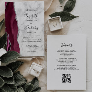 Invitación Boda de código QR de mármol de plata de borgoña