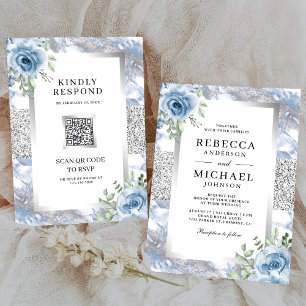 Invitación Boda de código QR de mármol floral azul polvorient