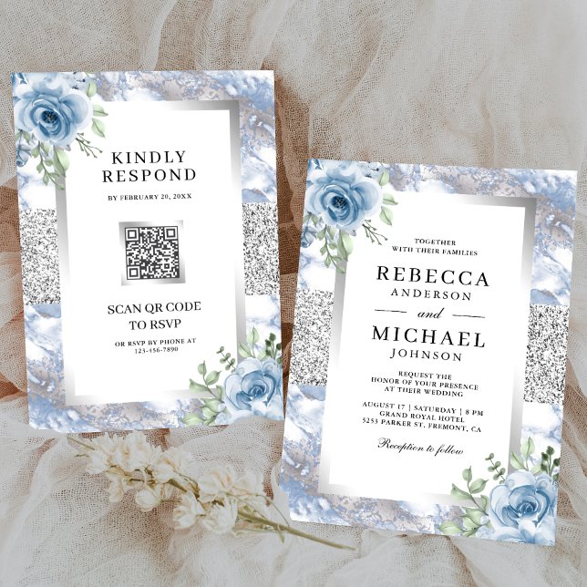 Invitación Boda de código QR de mármol floral azul polvorient (Subido por el creador)