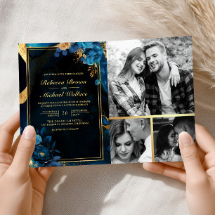 Invitación Boda de código QR de mármol floral azul real oro