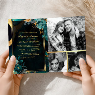 Invitación Boda de código QR de mármol floral dorado azul teñ
