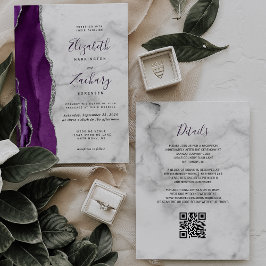 Invitación Boda de código QR de Mármol morado de plata agada