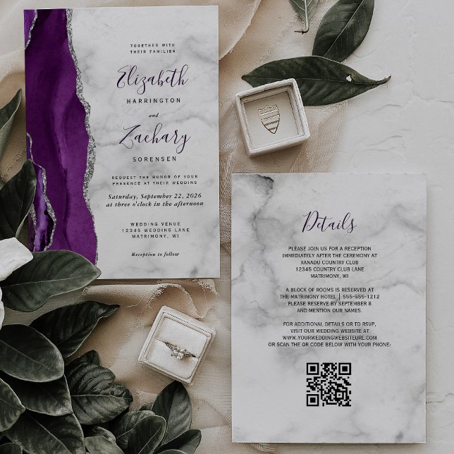 Invitación Boda de código QR de Mármol morado de plata agada (Subido por el creador)