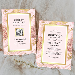 Invitación Boda de código QR de mármol rosa de Rubor de oro R