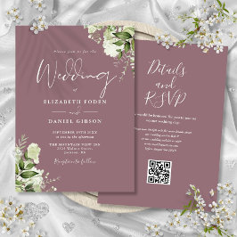Invitación Boda de código QR de Mauve Greenery Floral