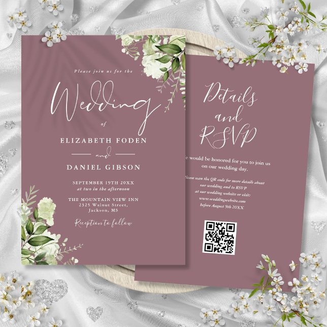 Invitación Boda de código QR de Mauve Greenery Floral (Mauve Greenery Floral QR Code Wedding Invitation)