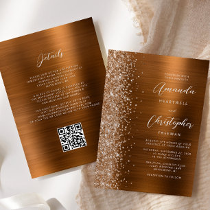 Invitación Boda de código QR de metal cepillado naranja quema