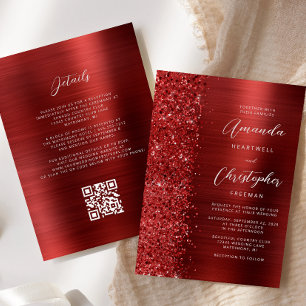 Invitación Boda de Código QR de Metal Pulido Rojo Glam
