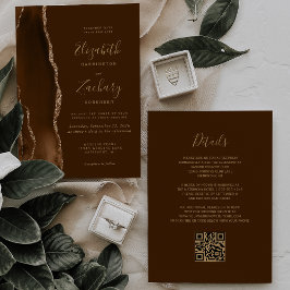 Invitación Boda de código QR de Mocha Gold Agate Brown