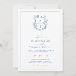 Invitación Boda de código QR de monograma azul vibrante Crest