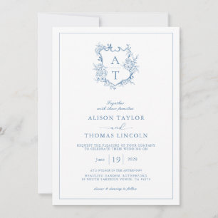 Invitación Boda de código QR de monograma azul vibrante Crest