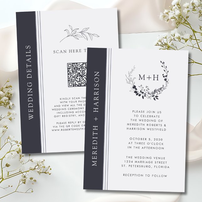 Invitación Boda de código QR de monograma blanco y negro (Monogram Black and White QR Code RSVP Inked Botanical Wedding Invitation)