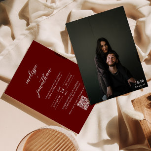 Invitación Boda de código QR de monograma de fotografía roja