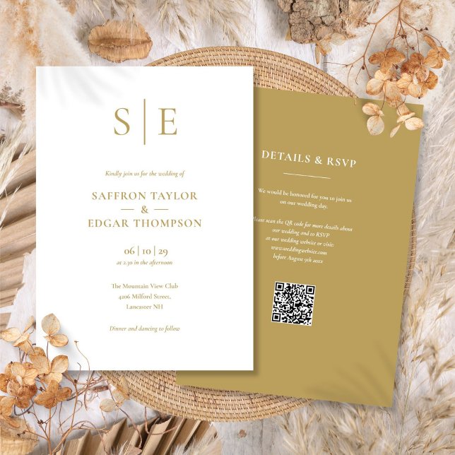 Invitación Boda de código QR de monograma de oro moderno (Modern Gold Monogram QR Code Wedding Invitation)