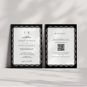 Invitación Boda de código QR de monograma en marco de encaje
