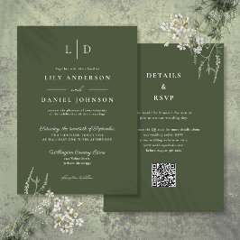 Invitación Boda de código QR de monograma minimalista verde o