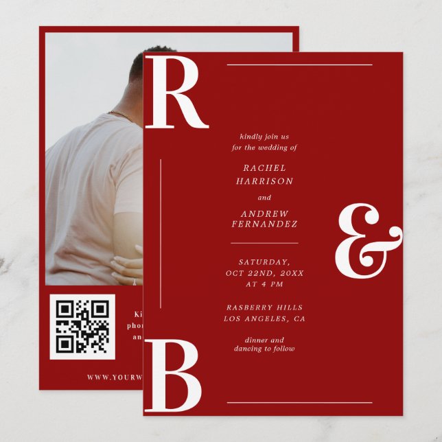 Invitación Boda de código QR de monograma rojo de Crimson ele (Anverso / Reverso)