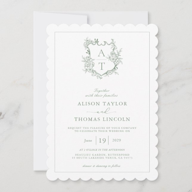 Invitación Boda de código QR de monograma verde Crest Sage (Anverso)