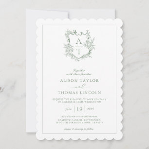 Invitación Boda de código QR de monograma verde Crest Sage