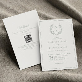 Invitación Boda de código QR de monograma verde sabio