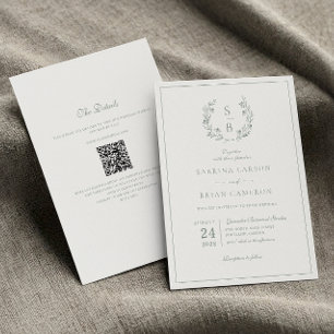 Invitación Boda de código QR de monograma verde sabio