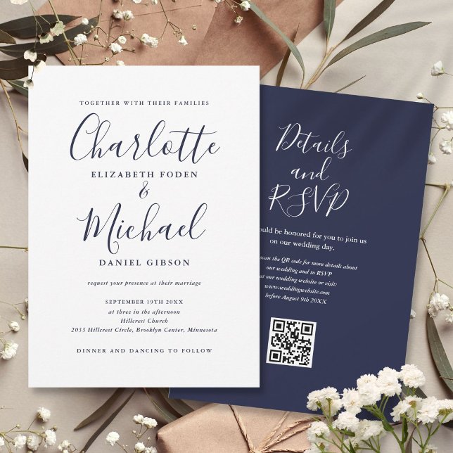 Invitación Boda de código QR de Navy Blue Elegant Script (Navy Blue Elegant Script QR Code Wedding Invitation)