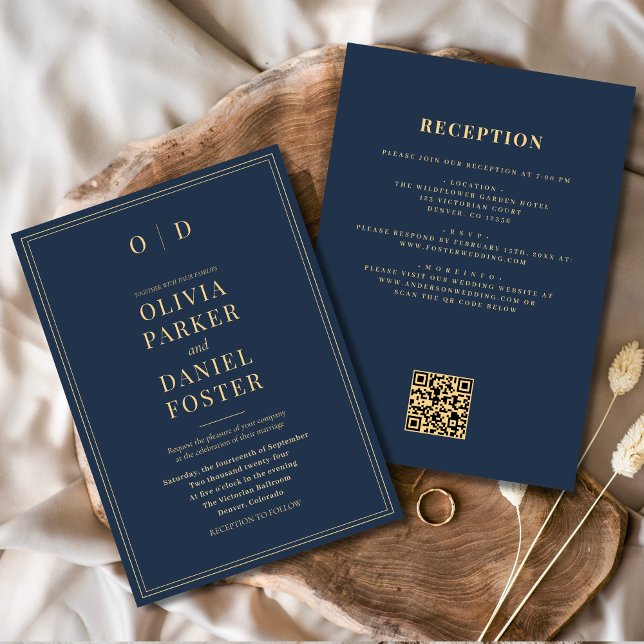 Invitación Boda de código QR de Navy Blue Gold (Subido por el creador)