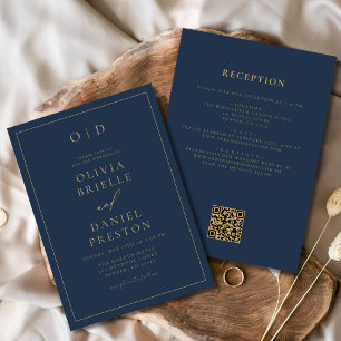Invitación Boda de código QR de Navy Blue Gold