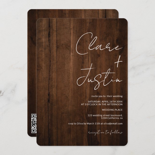 Invitación Boda de código qr de nombres de script de madera m (Anverso / Reverso)
