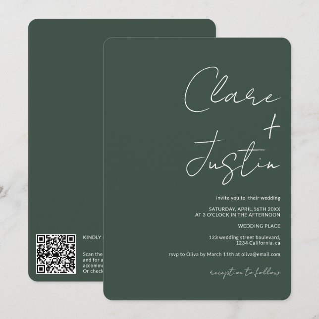 Invitación Boda de código qr de nombres de script modernos (Anverso / Reverso)