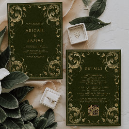 Invitación Boda de código QR de Olive Green Gold para marco v